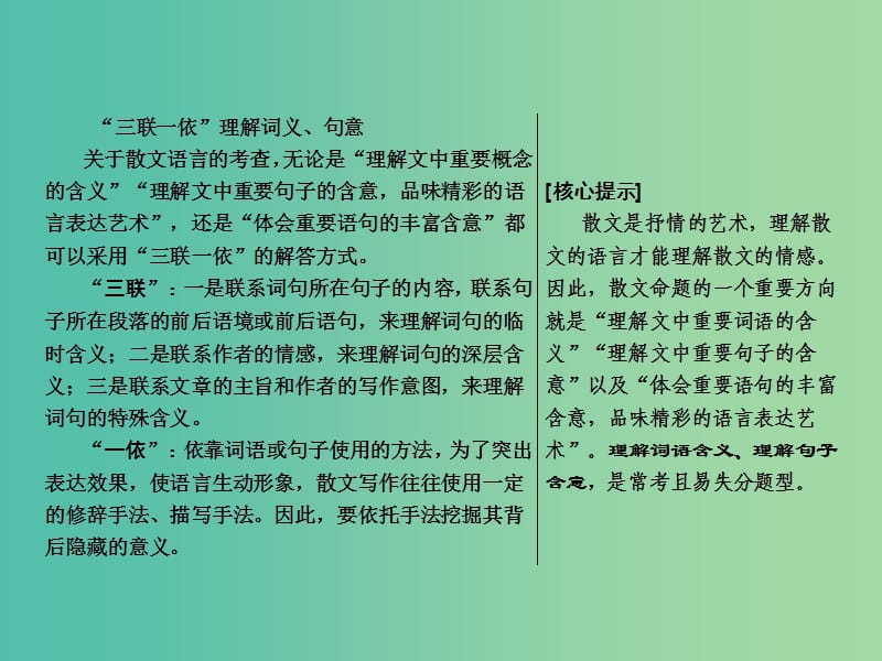 2019年高考语文高分技巧二轮复习专题二抢分点二理解散文词义句意--要做到“三联一依”课件.ppt_第2页