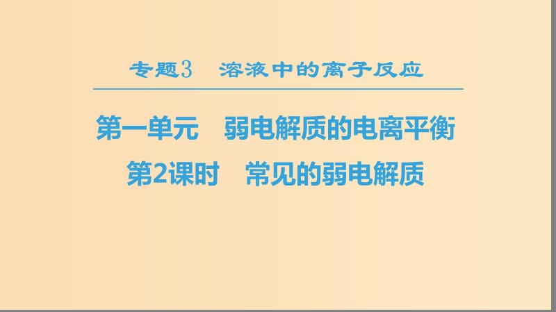 2018-2019学年高中化学 专题3 溶液中的离子反应 第一单元 弱电解质的电离平衡 第2课时 常见的弱电解质课件 苏教版选修4.ppt_第1页