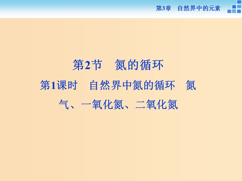 2018-2019学年高中化学 第3章 自然界中的元素 第2节 氮的循环 第1课时 自然界中氮的循环 氮气、一氧化氮、二氧化氮课件 鲁科版必修1.ppt_第1页