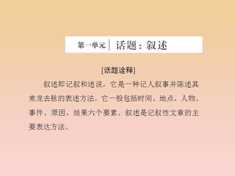 2017-2018學(xué)年高中語(yǔ)文 第一單元 話(huà)題前言 敘述課件 新人教版選修《外國(guó)小說(shuō)欣賞》.ppt_第1頁(yè)