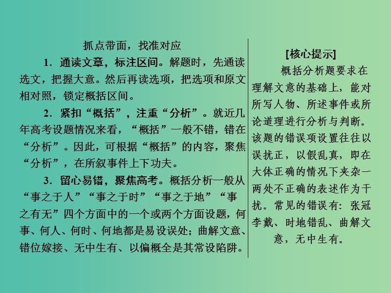 2019年高考语文高分技巧二轮复习 专题五 抢分点三 文言文概括分析题——抓点带面切片比对课件.ppt_第2页