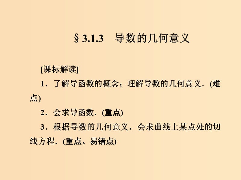 2018-2019學(xué)年高中數(shù)學(xué) 第三章 導(dǎo)數(shù)及其應(yīng)用 3.1.3 導(dǎo)數(shù)的幾何意義課件 新人教A版選修1 -1.ppt_第1頁