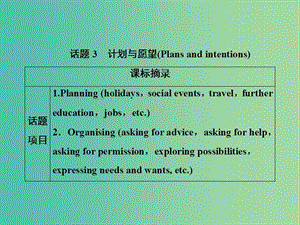 2019屆高考英語(yǔ)一輪優(yōu)化探究（話(huà)題部分）話(huà)題3 計(jì)劃與愿望課件 新人教版.ppt