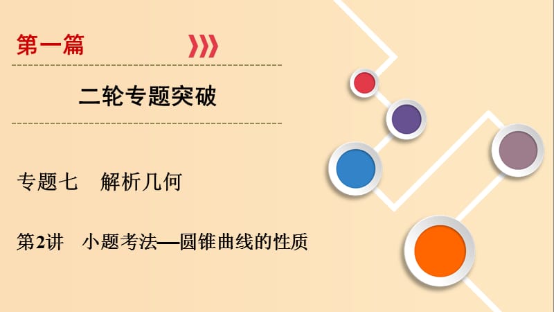 2019版高考数学二轮复习 第1篇 专题7 解析几何 第2讲 小题考法——圆锥曲线的性质课件.ppt_第1页