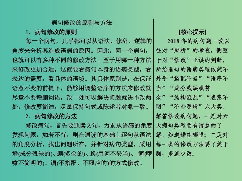 2019年高考语文高分技巧二轮复习 专题七 抢分点二 病句修改题——紧扣类型明确方法课件.ppt_第2页