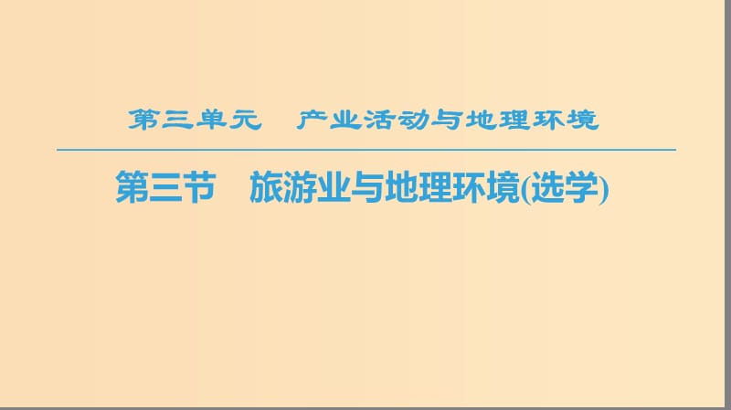 2018秋高中地理 第3单元 产业活动与地理环境 第3节 旅游业与地理环境（选学）课件 鲁教版必修2.ppt_第1页