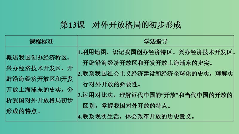 2018-2019学年高中历史 第四单元 中国特色社会主义建设的道路 第13课 对外开放格局的初步形成课件 新人教版必修2.ppt_第1页