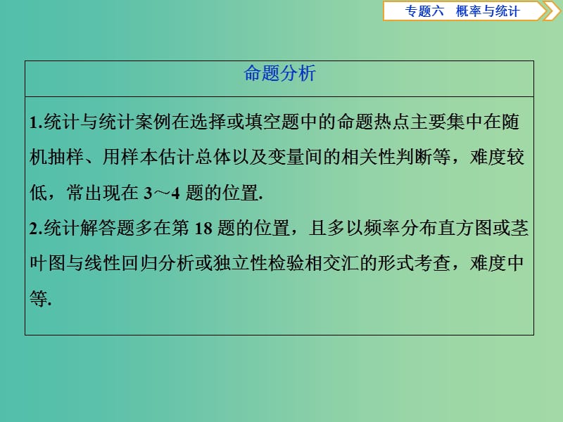 2019届高考数学二轮复习 第二部分 突破热点 分层教学 专项二 专题六 2 第2讲 统计与统计案例课件.ppt_第3页