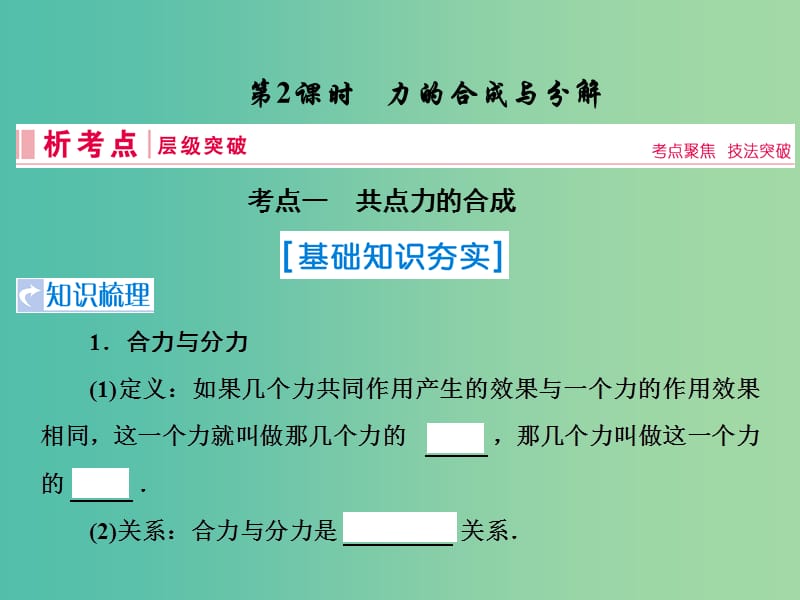 2019届高考物理一轮复习 第二章 相互作用 第2节 力的合成与分解课件 新人教版.ppt_第1页