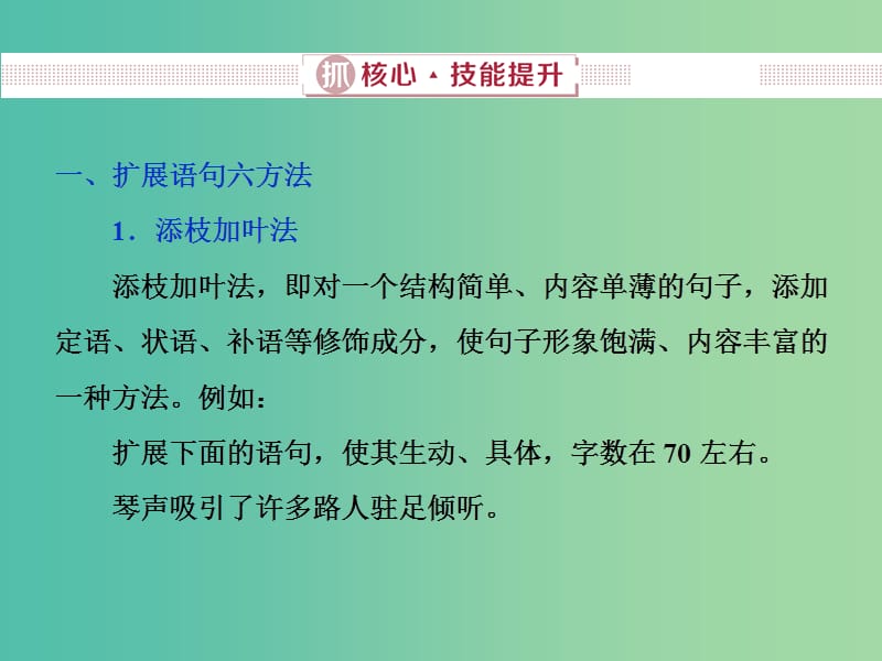 2019届高考语文一轮复习 第五部分 语言文字运用 专题四 扩展语句压缩语段 2 抓核心技能提升课件 新人教版.ppt_第1页