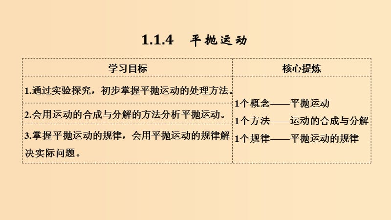 2018-2019學年高考物理 主題一 曲線運動與萬有引力定律 1.1 拋體運動 1.1.4 平拋運動課件 粵教版.ppt_第1頁