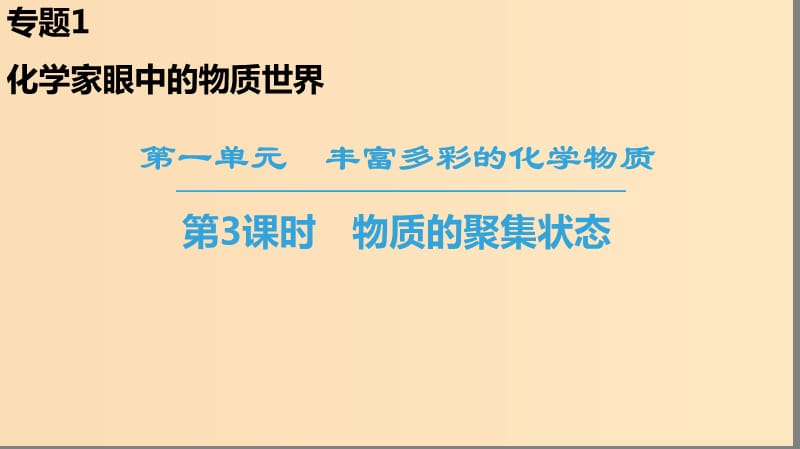 2018-2019学年高中化学 专题1 化学家眼中的物质世界 第1单元 丰富多彩的化学物质 第3课时 物质的聚集状态课件 苏教版必修1.ppt_第1页