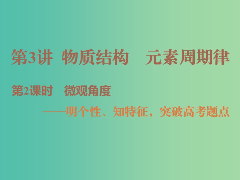 2019高考化学二轮复习 第一部分 专题序曲篇 第3讲 物质结构 元素周期律 第2课时 微观角度课件.ppt_第1页