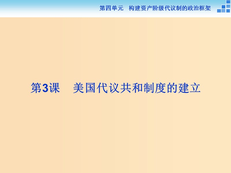 2018年高中歷史 第四單元 構(gòu)建資產(chǎn)階級(jí)代議制的政治框架 第3課 美國(guó)代議共和制度的建立課件 新人教版選修2.ppt_第1頁(yè)