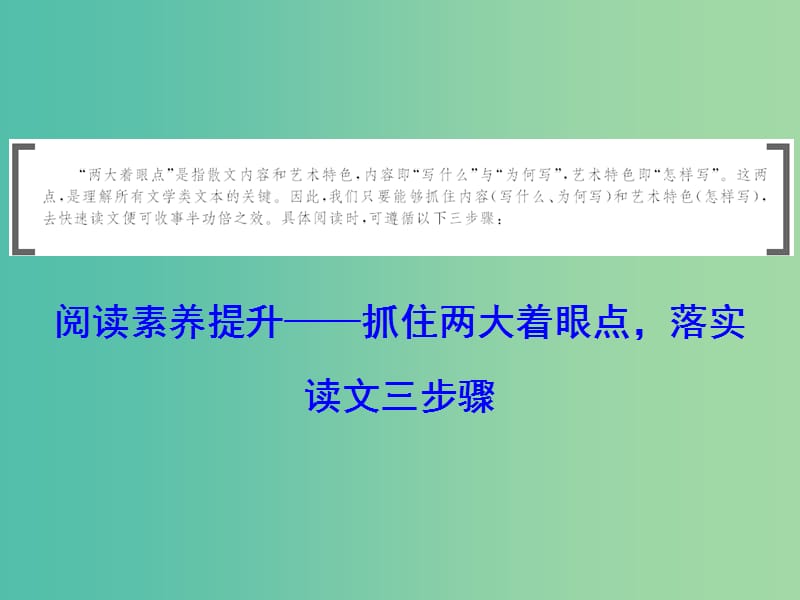 2019年高考语文大二轮复习第三章散文阅读阅读素养提升-抓住两大着眼点落实读文三步骤课件.ppt_第2页