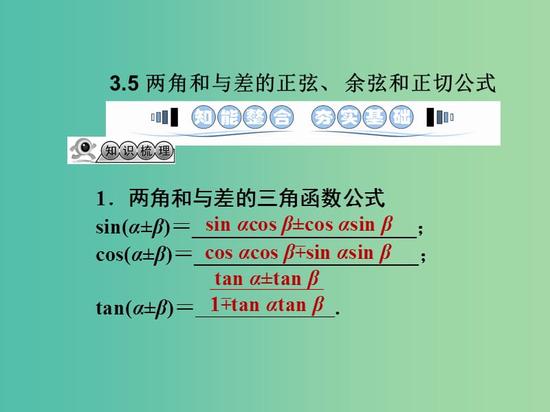 高考数学一轮复习 3.5两角和与差的正弦、 余弦和正切公式课件 文 湘教版.ppt_第1页