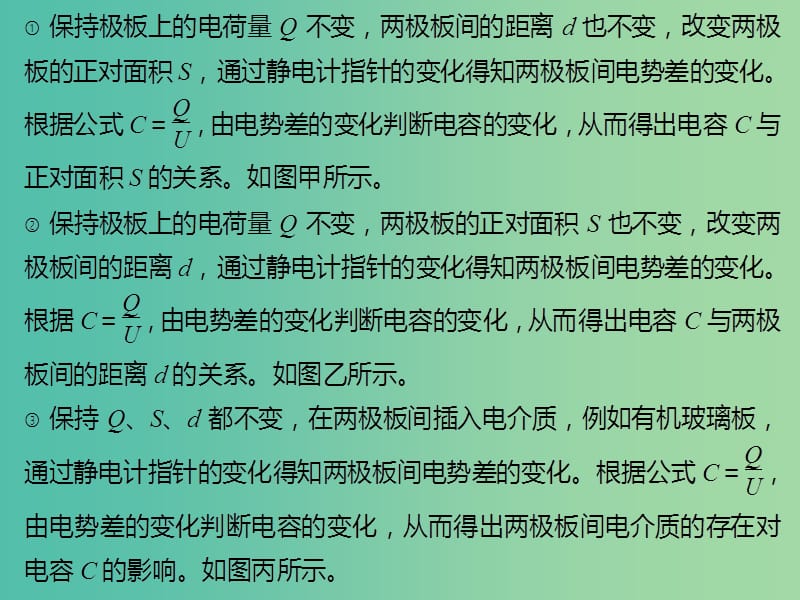 2019版高考物理总复习 演示实验 15-3-9 研究影响平行板电容器电容的因素课件.ppt_第3页