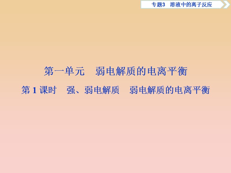 2018-2019學(xué)年高中化學(xué) 專題3 溶液中的離子反應(yīng) 第一單元 弱電解質(zhì)的電離平衡 第1課時 強、弱電解質(zhì) 弱電解質(zhì)的電離平衡課件 蘇教版選修4.ppt_第1頁