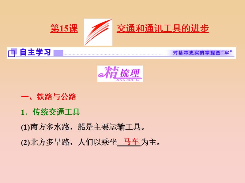 2017-2018学年高中历史 第5单元 中国近现代社会生活的变迁 第15课 交通和通讯工具的进步课件 新人教版必修2.ppt_第1页