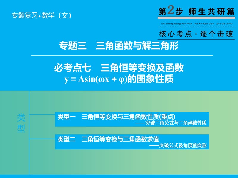 高考数学二轮复习 第1部分 专题3 必考点7 三角恒等变换及函数y＝Asin（ωx＋φ）的图象性质课件 文.ppt_第1页