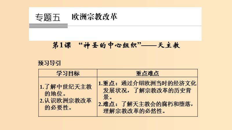 2018-2019学年高中历史 专题五 欧洲宗教改革 5-1“神圣的中心组织”——天主教课件 人民版选修1 .ppt_第1页