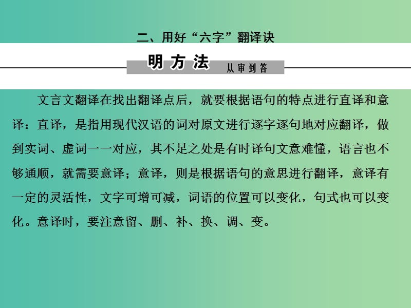 2019年高考语文大二轮复习 第五章 文言文阅读 提分点三 重翻译突破实词、虚词和句式 二、用好“六字”翻译诀课件.ppt_第1页