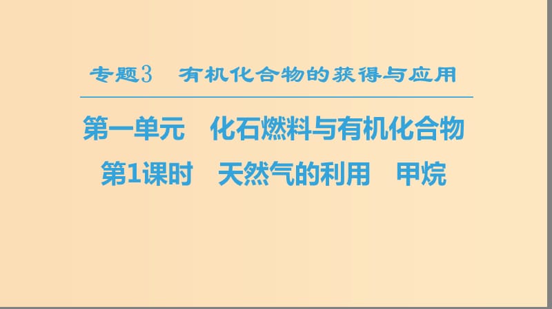 2018-2019学年高中化学 专题3 有机化合物的获得与应用 第1单元 化石燃料与有机化合物 第1课时 天然气的利用 甲烷课件 苏教版必修2.ppt_第1页