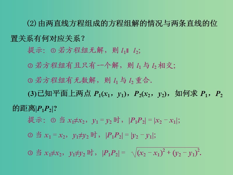 2019高中数学 第三章 直线与方程 3.3 直线的交点坐标与距离公式（第1课时）两条直线的交点坐标、两点间的距离课件 新人教A版必修2.ppt_第3页