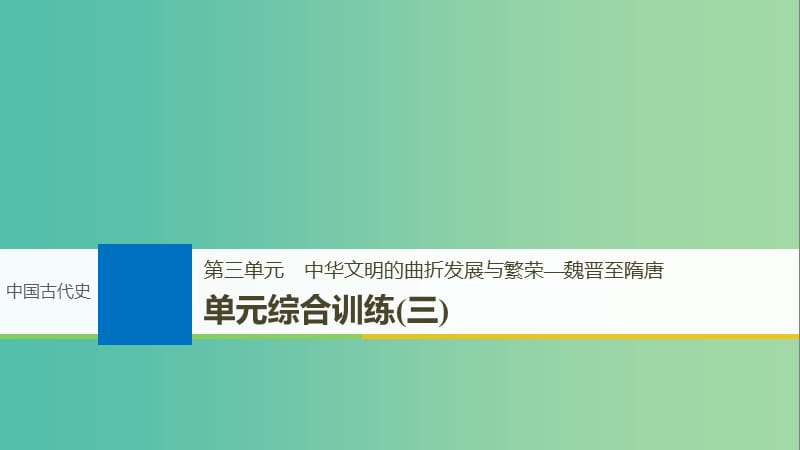 2019届高考历史一轮复习第三单元中华文明的曲折发展与繁荣-魏晋至隋唐单元综合训练课件新人教版.ppt_第1页