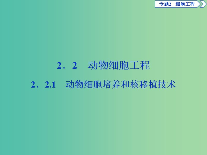 2019年春高中生物 专题2 细胞工程 2.2 动物细胞工程 2.2.1 动物细胞培养和核移植技术课件 新人教版选修3.ppt_第1页