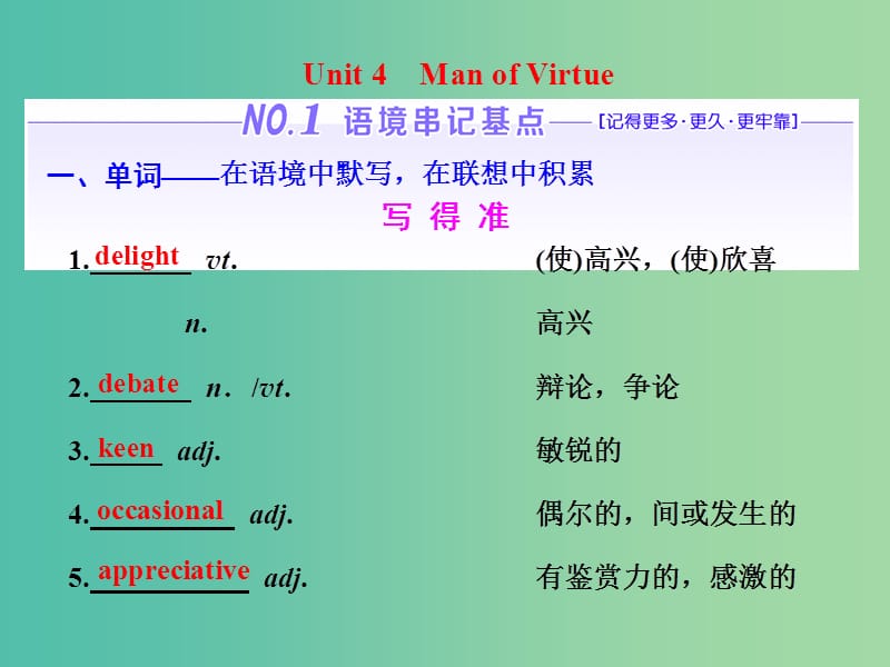 高考英语一轮复习Unit4ManofVirtue课件重庆大学版.ppt_第1页