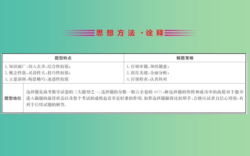 2019届高考数学二轮复习第一篇思想方法与技巧1.5解选择题的6种方法课件.ppt_第2页