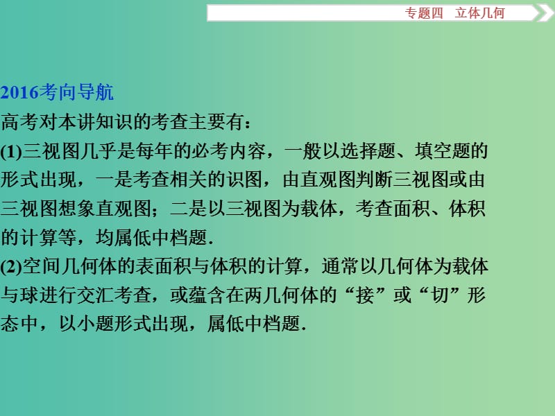 高考数学二轮复习 第一部分专题四 立体几何 第1讲 空间几何体课件 理.ppt_第3页