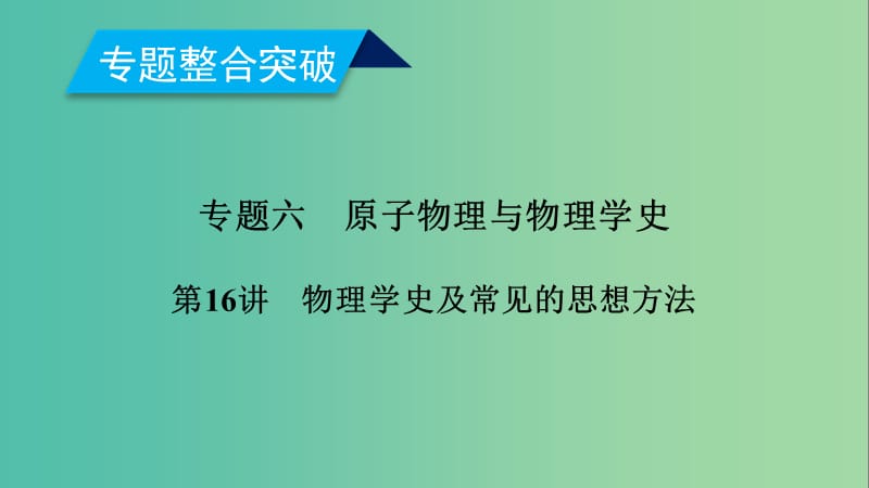 2019年高考物理二轮复习 专题六 原子物理与物理学史 第16讲 物理学史及常见的思想方法课件.ppt_第1页