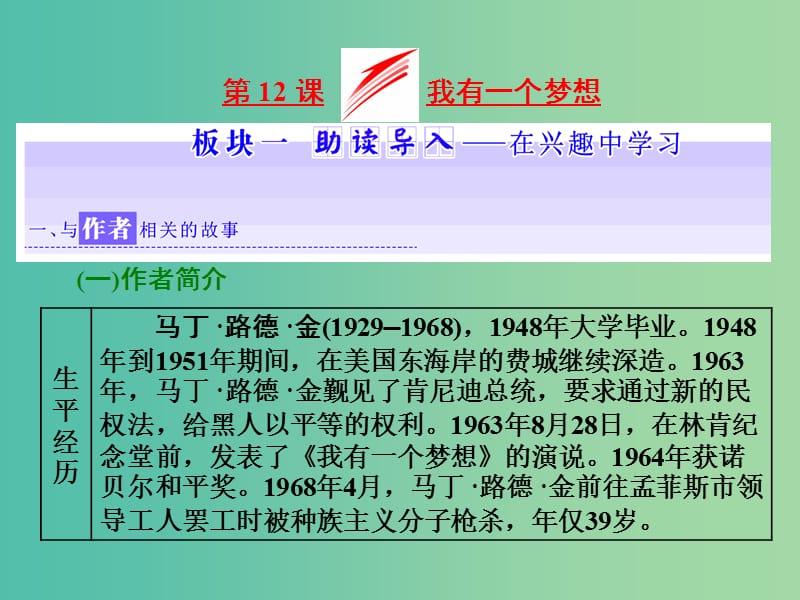 2019年高中語文 第四單元 第12課 我有一個夢想課件 新人教必修2.ppt_第1頁