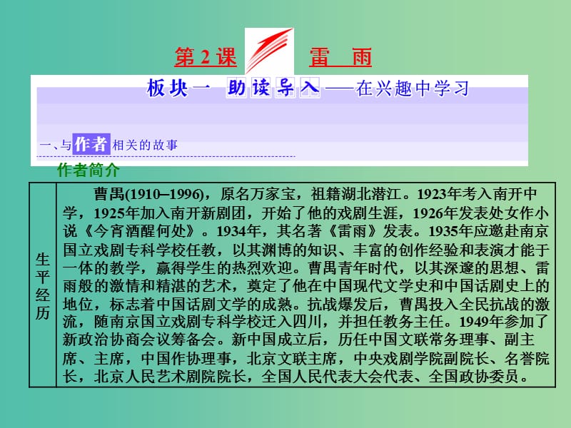 2019年高中語文 第一單元 第2課 雷雨課件 新人教必修4.ppt_第1頁