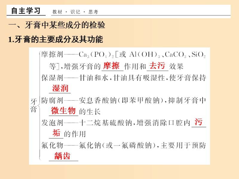 （浙江专用）2018年高中化学 专题3 物质的检验与鉴别 课题一 牙膏和火柴头中某些成分的检验课件 苏教版选修6.ppt_第2页