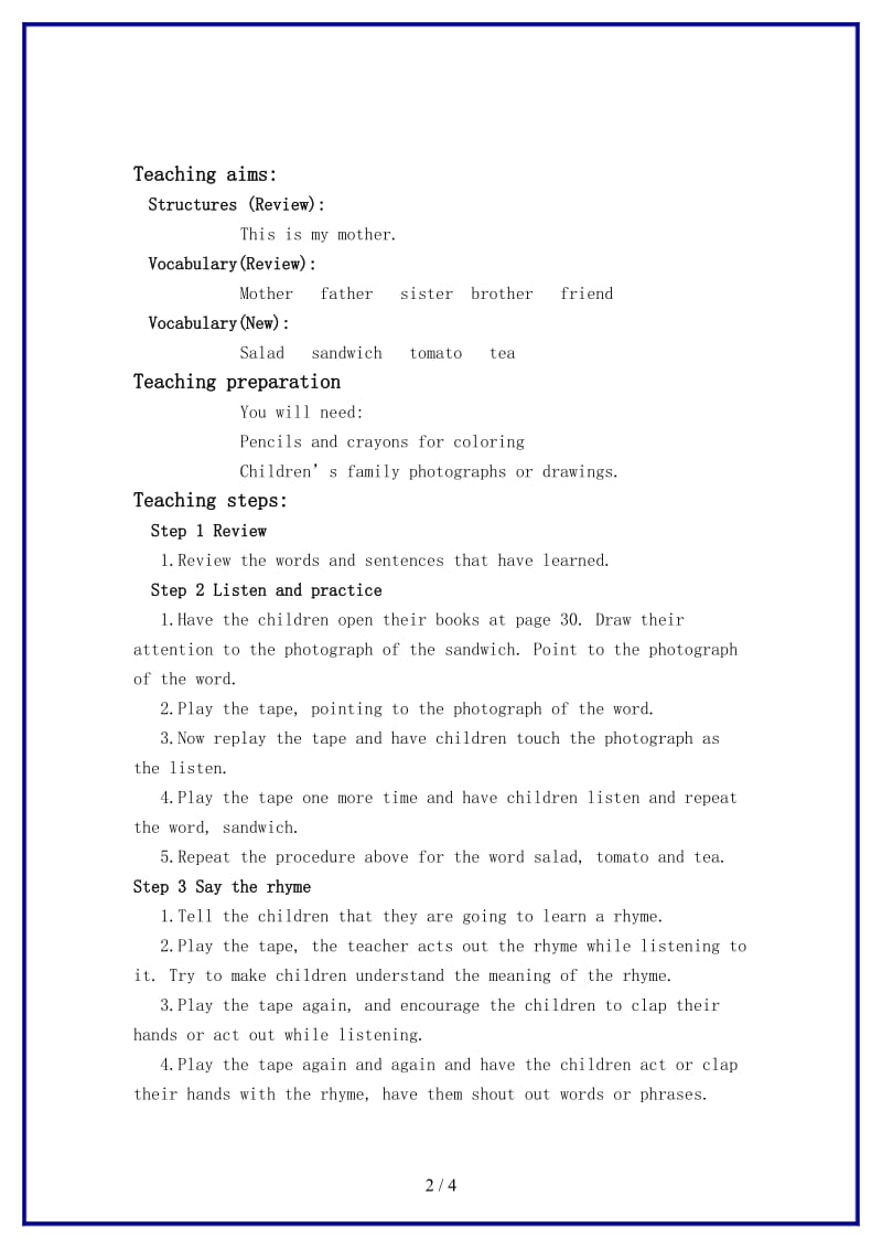 北师大小学英语一年级下册《Unit 10 Family》 (6)教案.doc_第2页