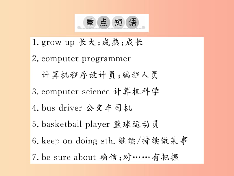 2019年秋八年级英语上册Unit6I’mgoingtostudycomputerscience单元重点短语与句型 新人教版.ppt_第2页