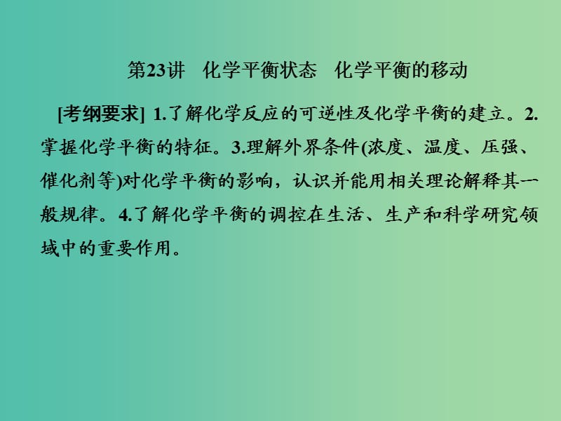 2019屆高考?xì)v史一輪復(fù)習(xí) 第23講 化學(xué)平衡狀態(tài) 化學(xué)平衡的移動(dòng)課件 新人教版.ppt_第1頁(yè)