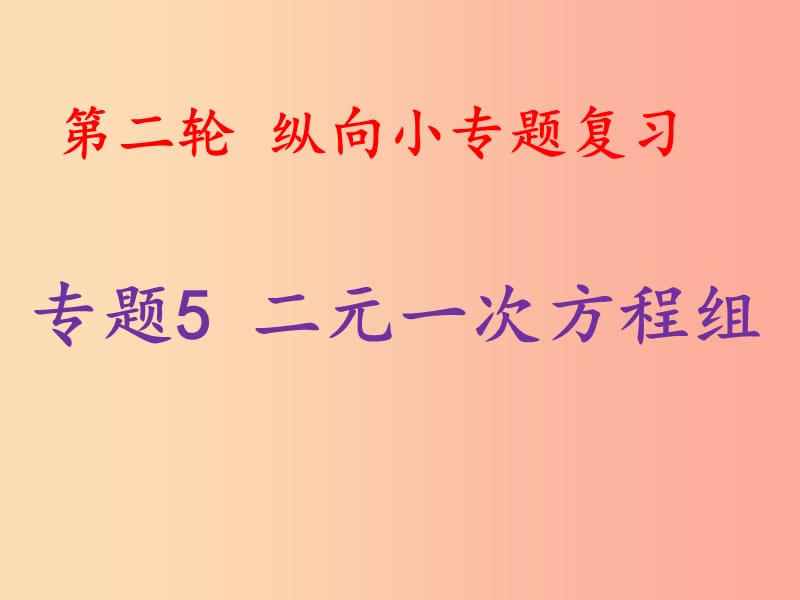 2019中考數(shù)學(xué)總復(fù)習(xí) 第二輪 縱向小專題復(fù)習(xí) 專題5 二元一次方程組課件.ppt_第1頁