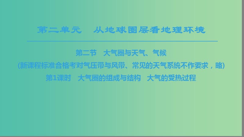 2018秋高中地理 第2單元 從地球圈層看地理環(huán)境 第2節(jié) 第1課時(shí) 大氣圈的組成與結(jié)構(gòu) 大氣的受熱過(guò)程同步課件 魯教版必修1.ppt_第1頁(yè)