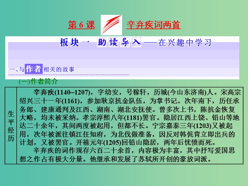 2019年高中语文 第二单元 第6课 辛弃疾词两首课件 新人教必修4.ppt_第1页