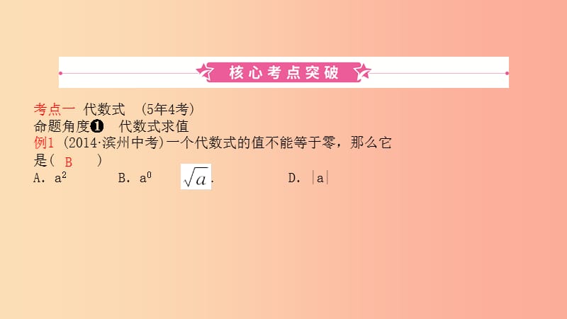 山東省2019中考數(shù)學(xué) 第一章 數(shù)與式 第二節(jié) 代數(shù)式及整式（含因式分解）課件.ppt_第1頁(yè)