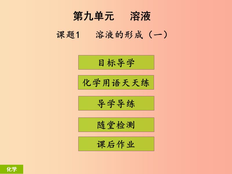 2019年秋季开学九年级化学下册《第九单元 溶液》课题1 溶液的形成（1）（课堂导学+课后作业）课件 新人教版.ppt_第1页