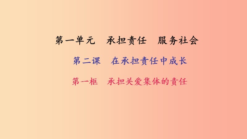 九年級政治全冊 第一單元 承擔責任 服務社會 第二課 在承擔責任中成長 第一框 承擔關愛集體的責任習題.ppt_第1頁