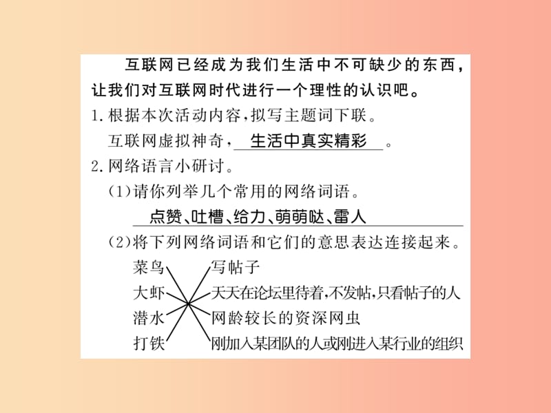 （黃岡專版）2019年八年級語文上冊 第四單元 綜合性學(xué)習(xí) 我們的互聯(lián)網(wǎng)時代習(xí)題課件 新人教版.ppt_第1頁