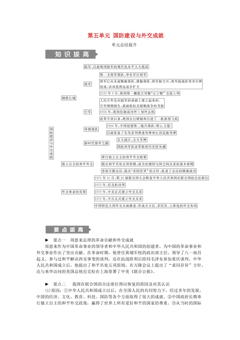 2018-2019学年八年级历史下册 第五单元 国防建设与外交成就单元总结提升练习 新人教版.doc_第1页