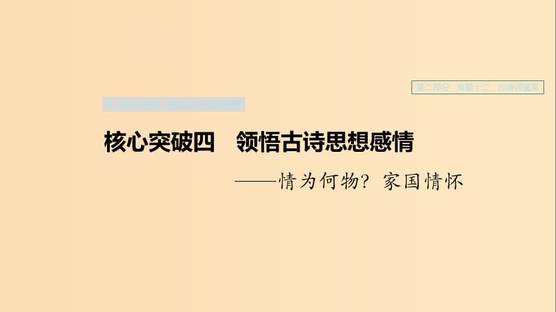 （浙江專用）2020版高考語文一輪復(fù)習(xí) 第二部分 古代詩文閱讀 專題十二 古詩詞鑒賞Ⅲ 核心突破四 領(lǐng)悟古詩思想感情課件.ppt_第1頁