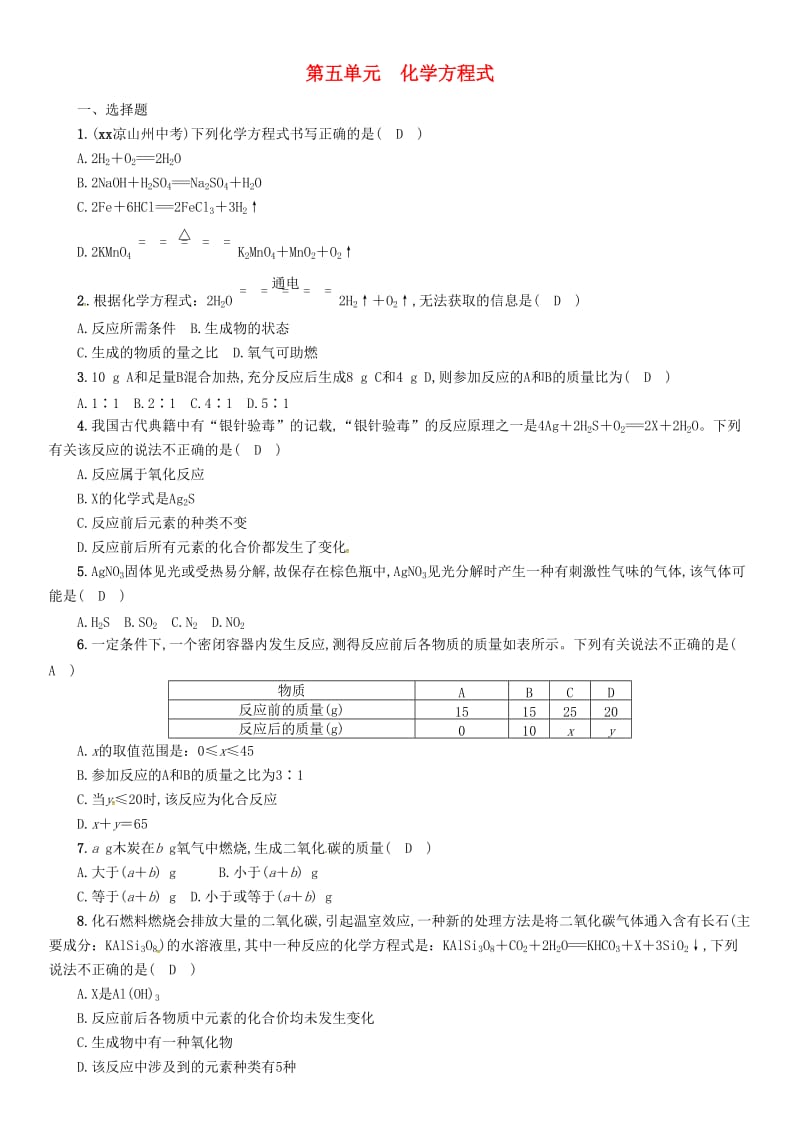 2019届中考化学复习 第1编 教材知识梳理篇 第5单元 化学方程式（精练）练习.doc_第1页